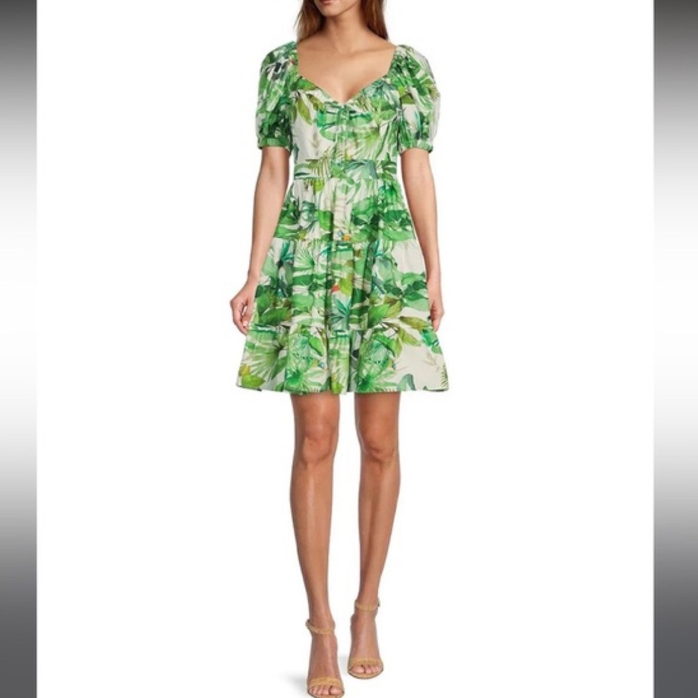 Antonio Melani Paola Jungle tropical print V-neck short Puff sleeve Mini Dress